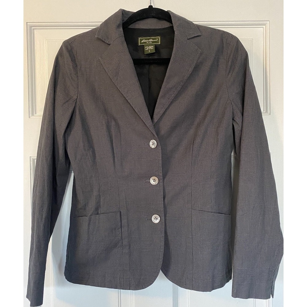 Eddie Bauer Womens Blazer Black Houndstooth Long Sleeve Front Pockets Slits SZ 4